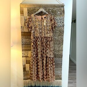 NWT Maeve Anthropologie rose gold sequin checkerboard midi dress sz S